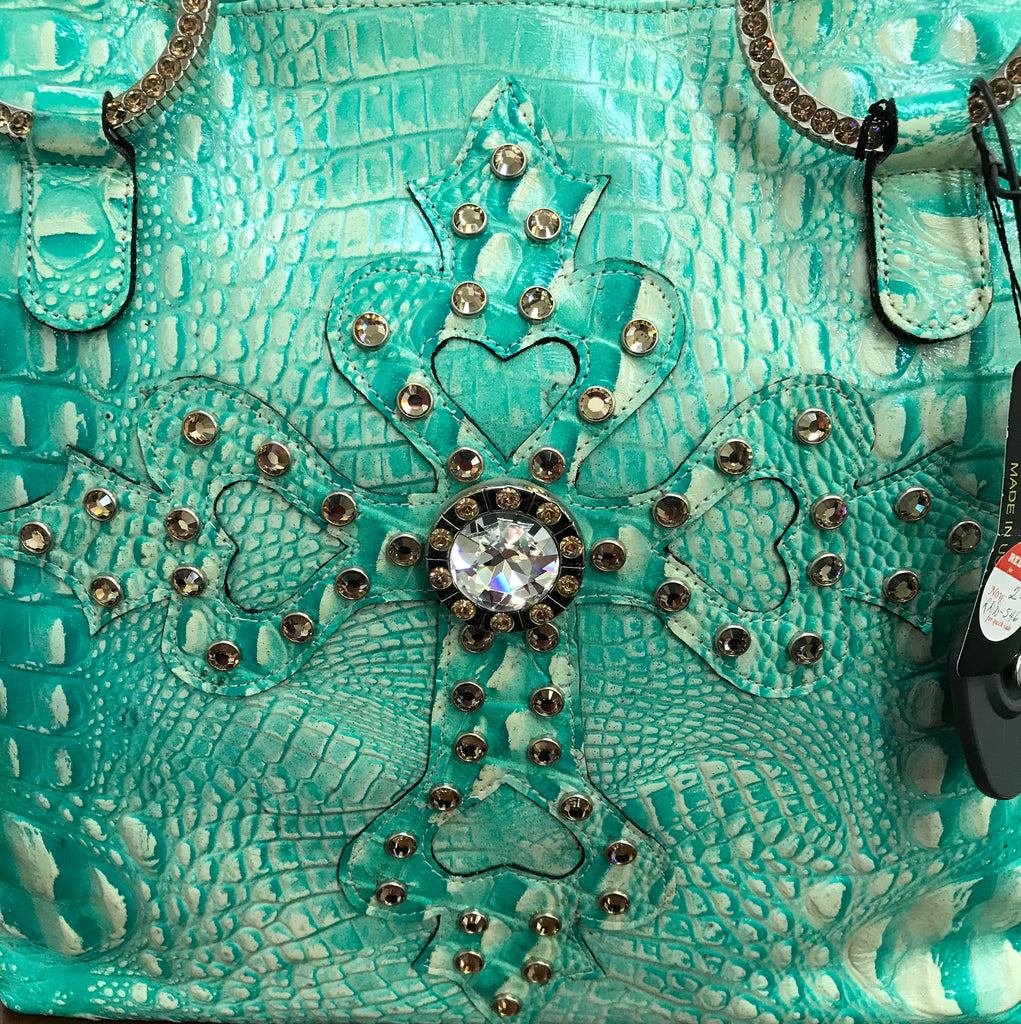 Glitter Turquoise Croc Leather With Swarovski Crystal Cross