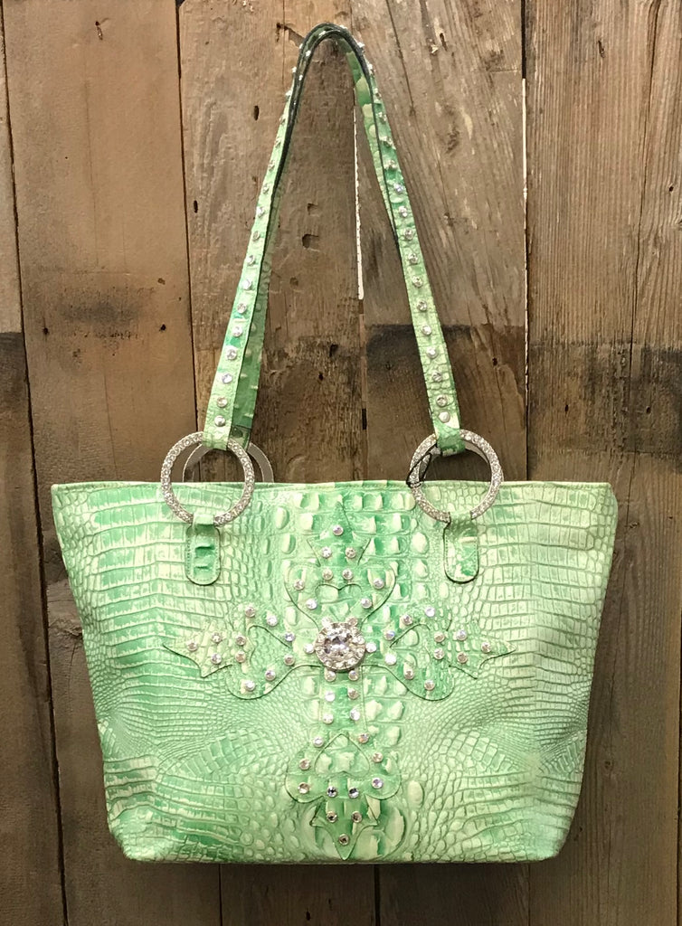 Glitter Green Croc Leather With Swarovski Crystal Cross