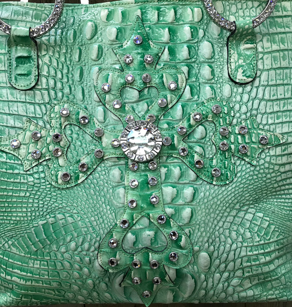 Glitter Green Croc Leather With Swarovski Crystal Cross