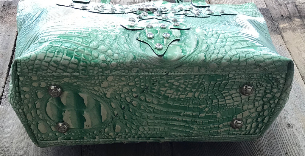 Glitter Green Croc Leather With Swarovski Crystal Cross