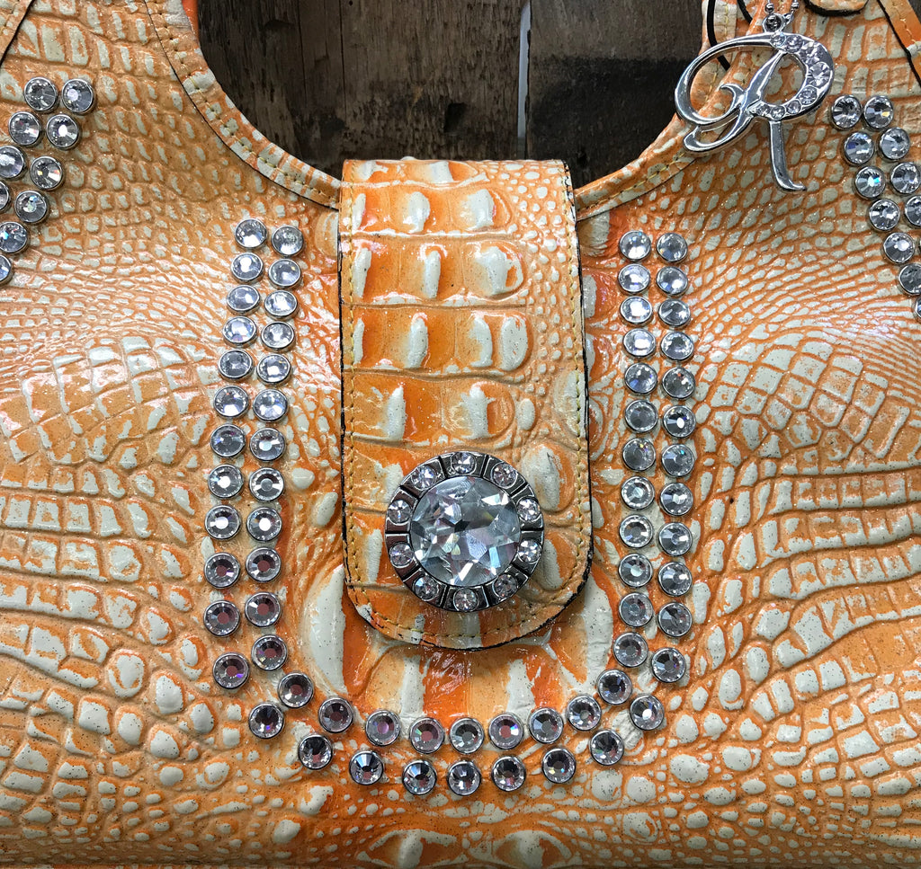 Glitter Orange Croc Leather With Swarovski Crystals