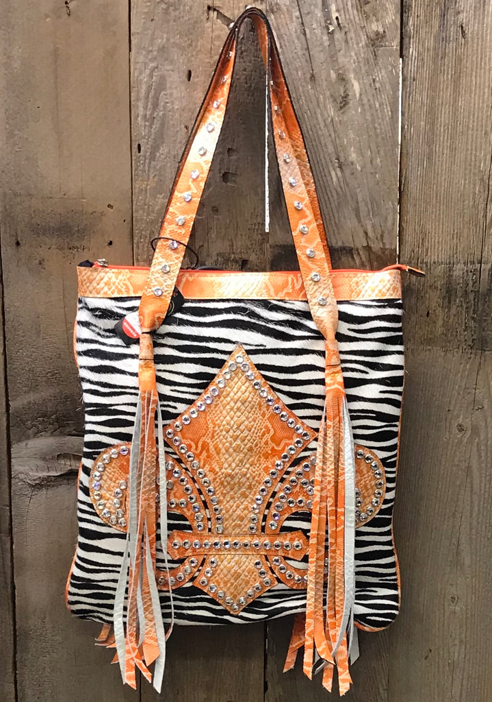 Orange Croc Leather With Zebra Hair And Orange Fleur de Lis