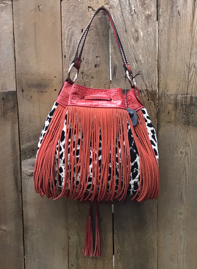 Red Croc With Black And White Leopard Drawstring