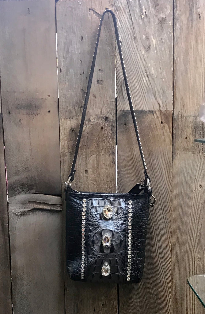 Black And Silver Croc Leather With Three Large Oval Swarovski Crystals