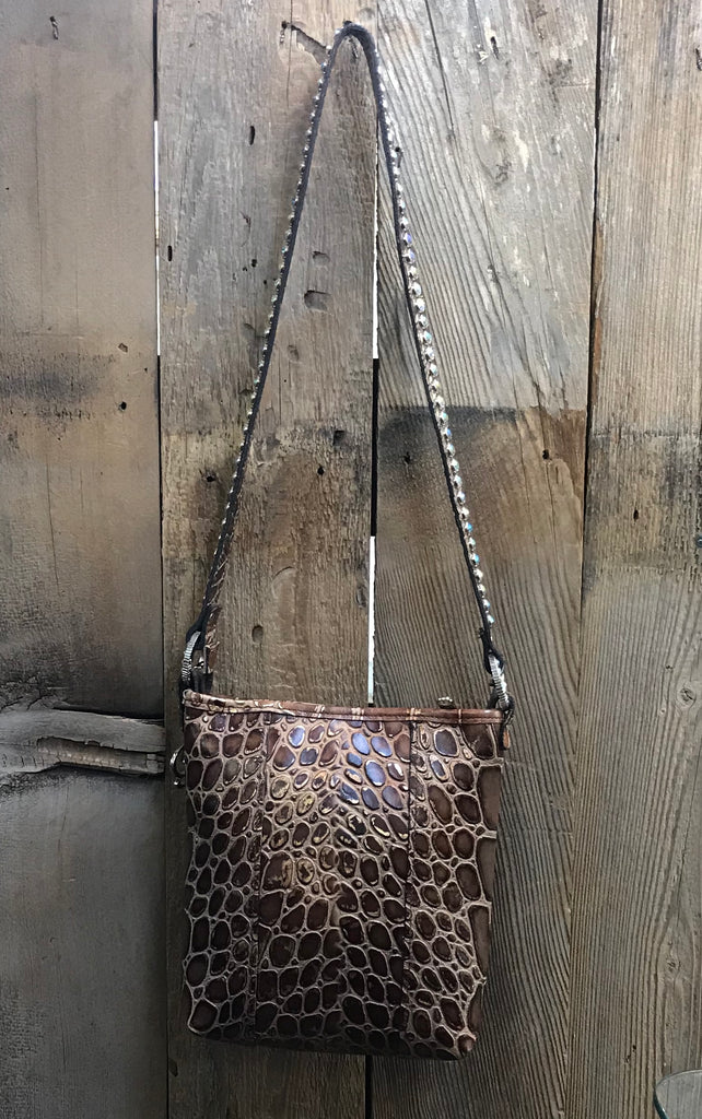 Brown Croc Leather With Three Large Swarovski Crystals
