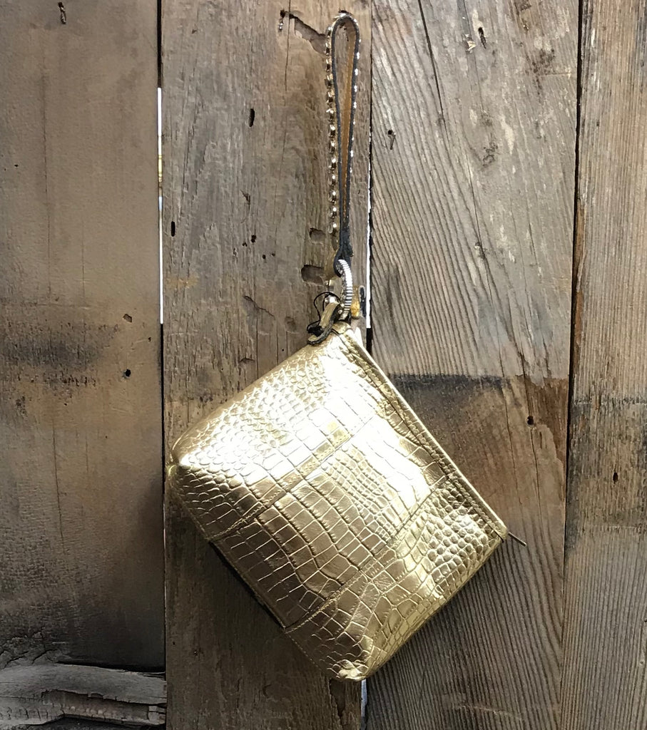 Gold Croc Leather With Gold Cowhide And Three Large Swarovski Crystals