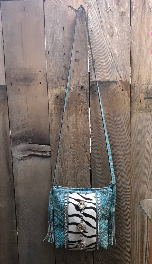 Turquoise Croc Leather With Zebra Print Hair And Swarovski Crystals