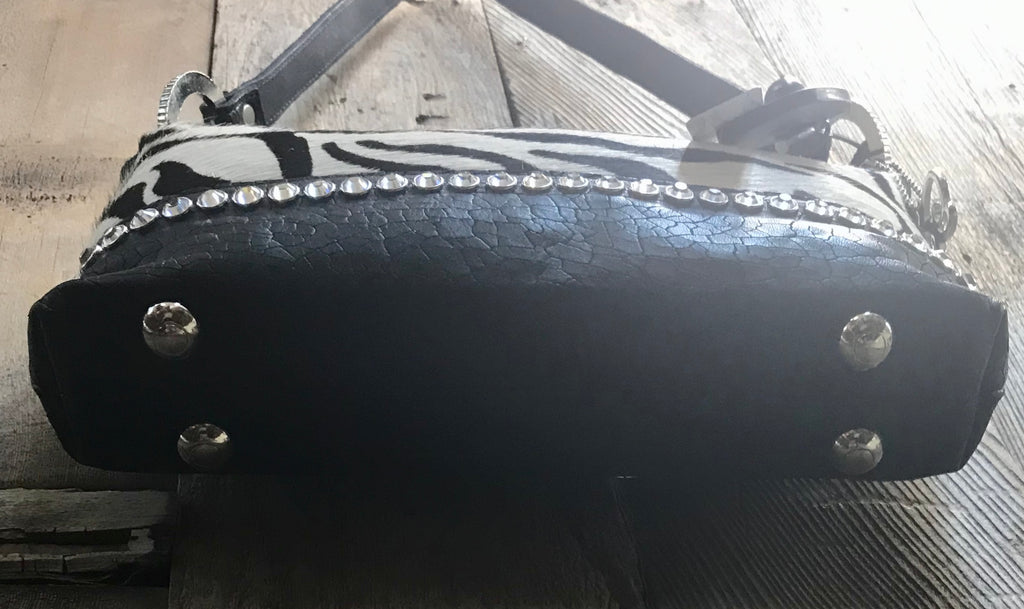 Black Leather With Zebra Print Hair And Swarovski Crystals