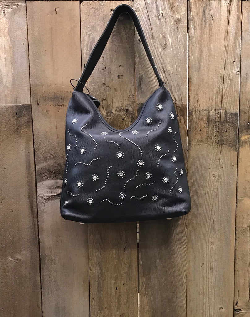 Black Leather With Swarovski Crystals And Rivets Handbag