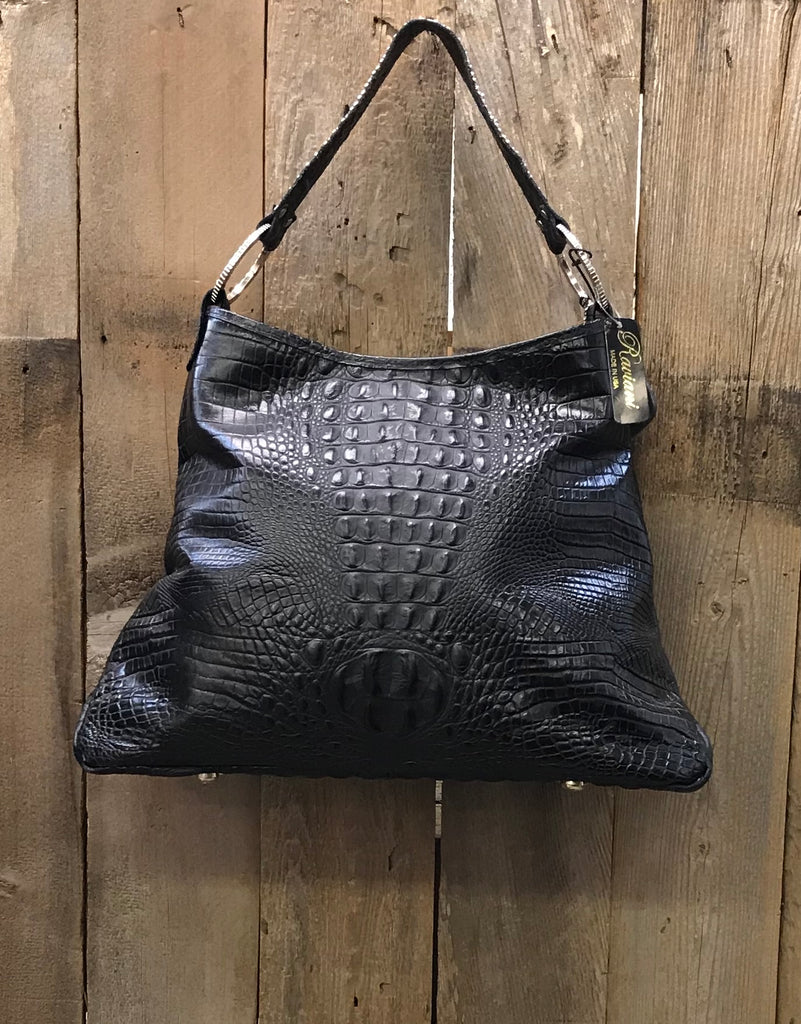 Black Leather Croc With Swarovski Crystal Cross Handbag