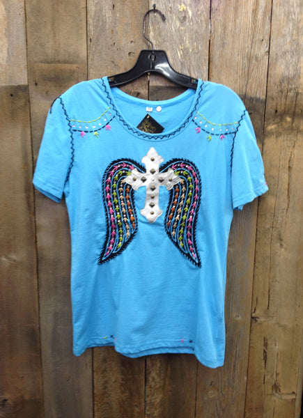 SH-076 Cross w/ Wings Blue T-Shirt