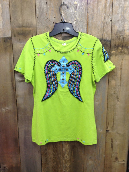SH-076 Cross w/ Wings Lime Green T-Shirt