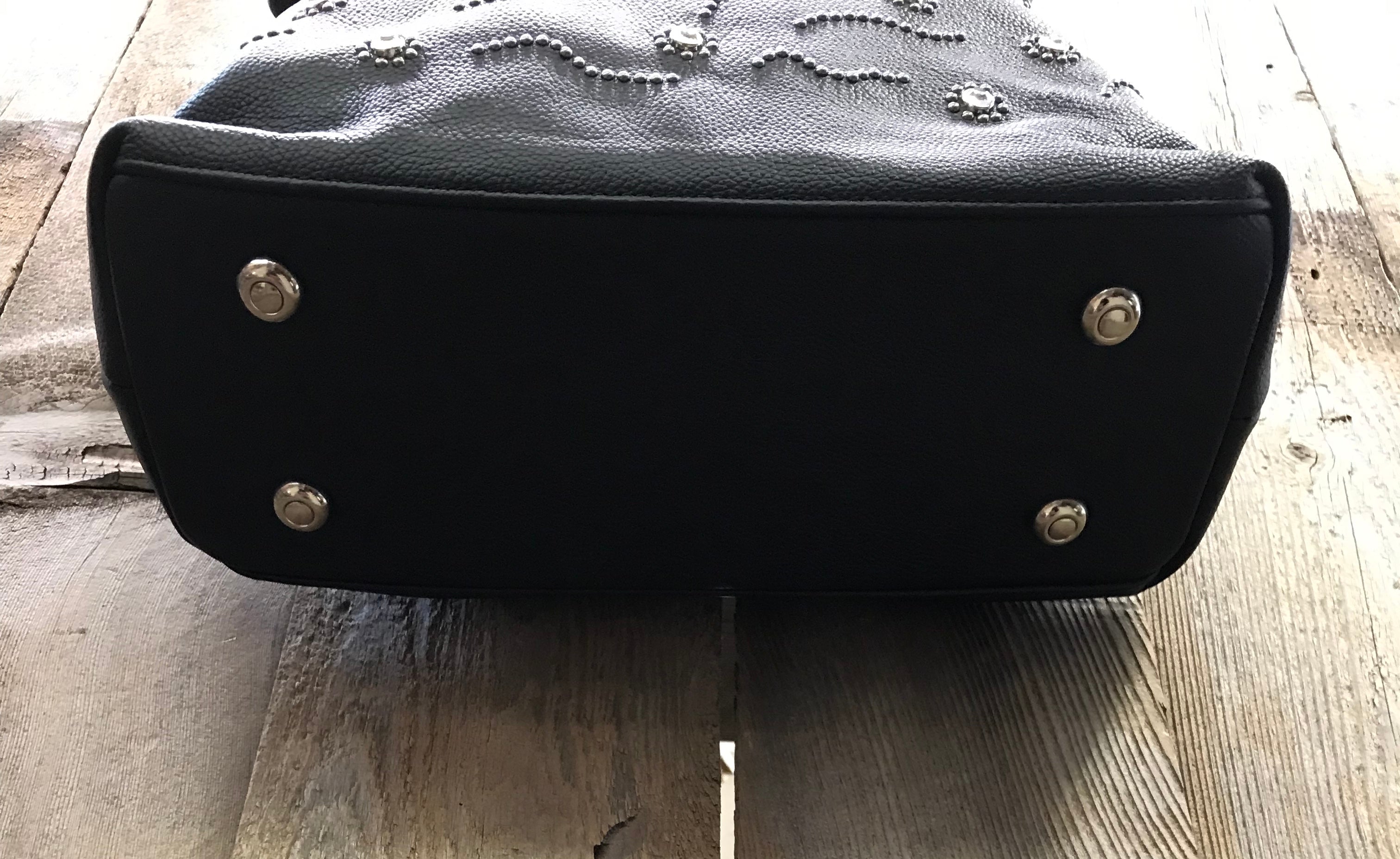 Black Leather With Swarovski Crystals And Rivets Handbag - Forever