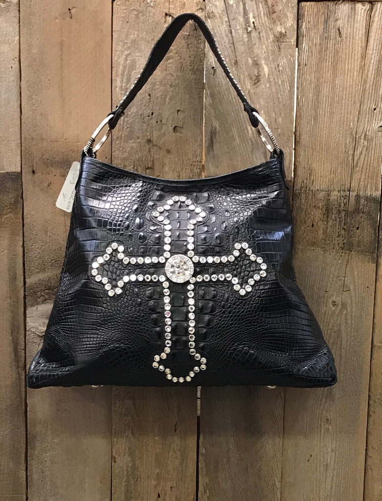 Black Leather Croc With Swarovski Crystal Cross Handbag