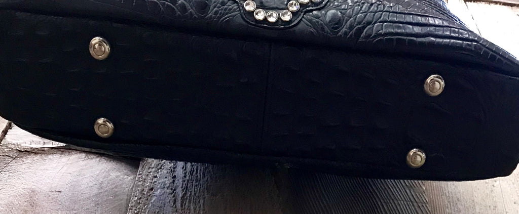 Black Leather Croc With Swarovski Crystal Cross Handbag