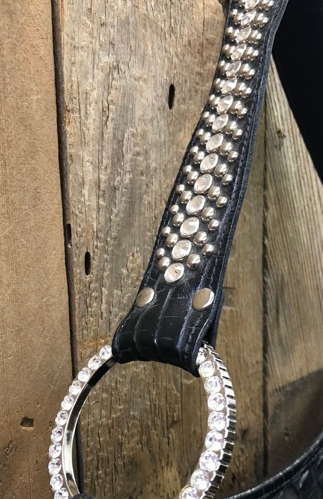 Black Leather With Swarovski Crystal Fleur de Lis Handbag
