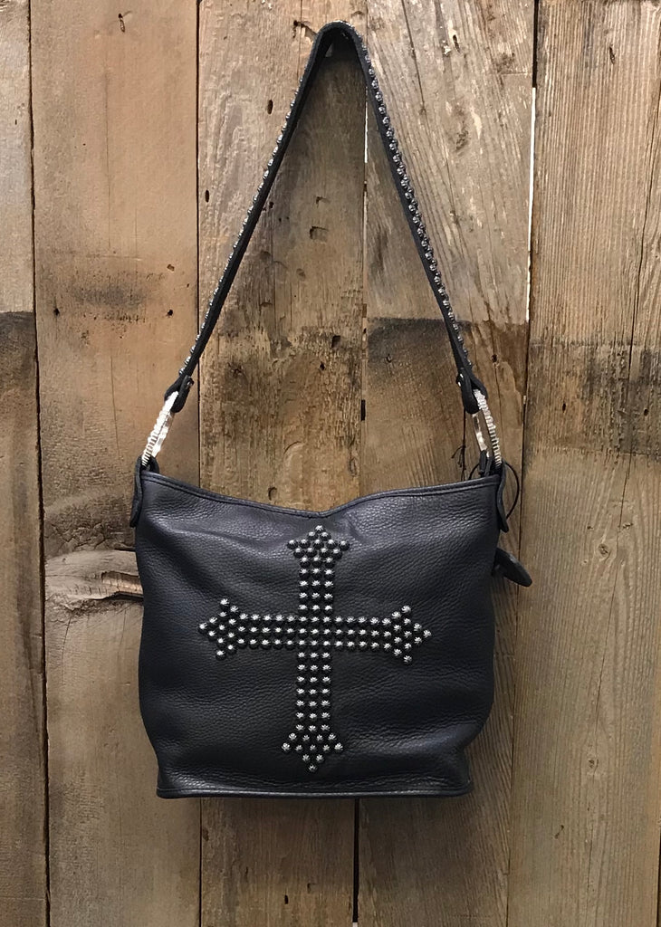 Black Leather With Rivet Cross Handbag