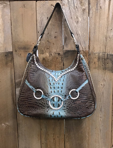 Brown And Turquoise Croc With Swarovski Crystal Rings On Handbag