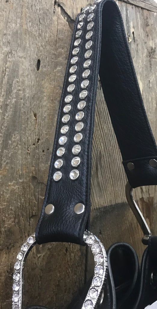 Black Quilted Leather Drawstring With Swarovski Crystals Handbag
