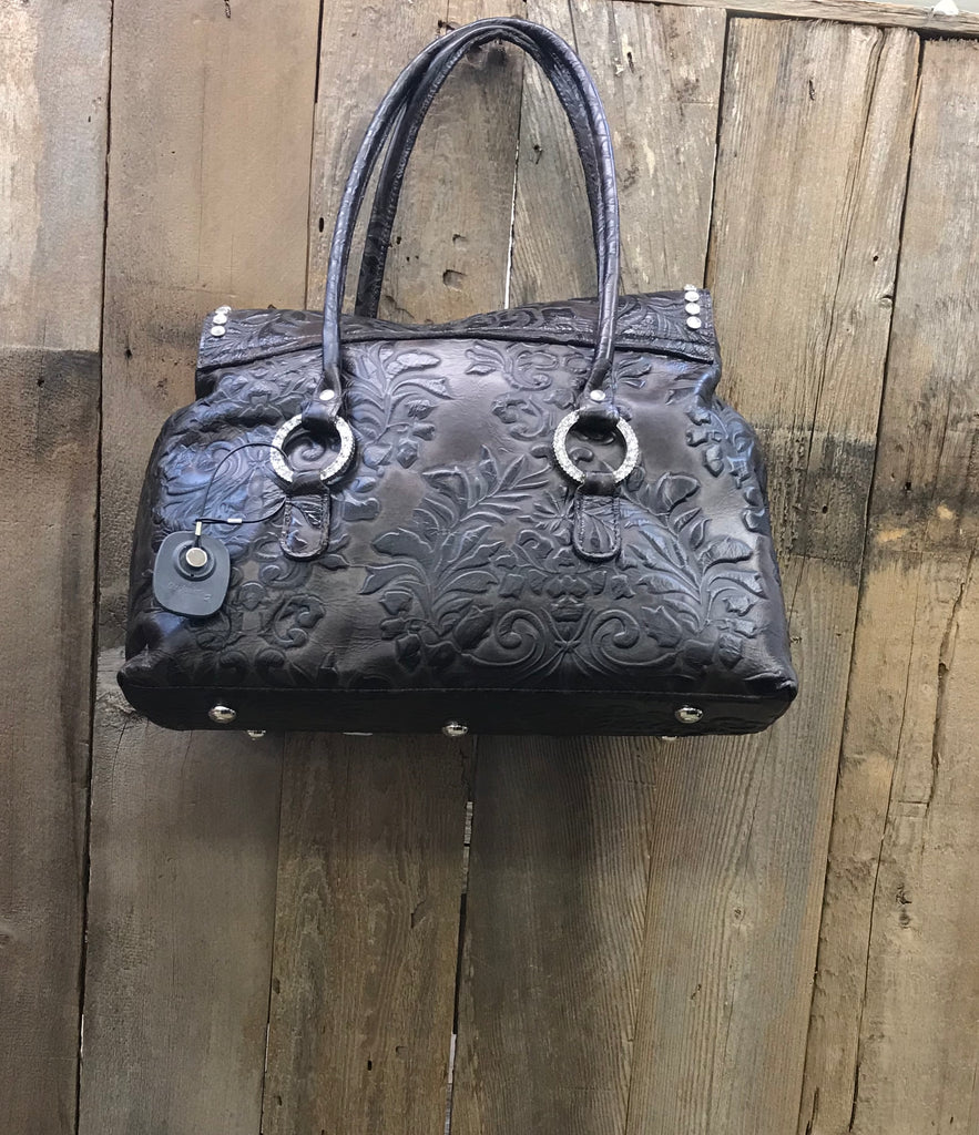 Brown Floral Embossed Leather With Swarovski Crystals Handbag