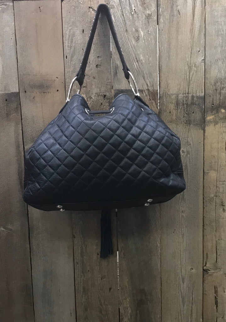 Black Quilted Leather Drawstring With Swarovski Crystals Handbag