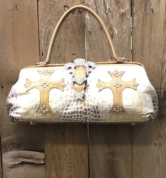 Gold Croc With Crosses Handbag