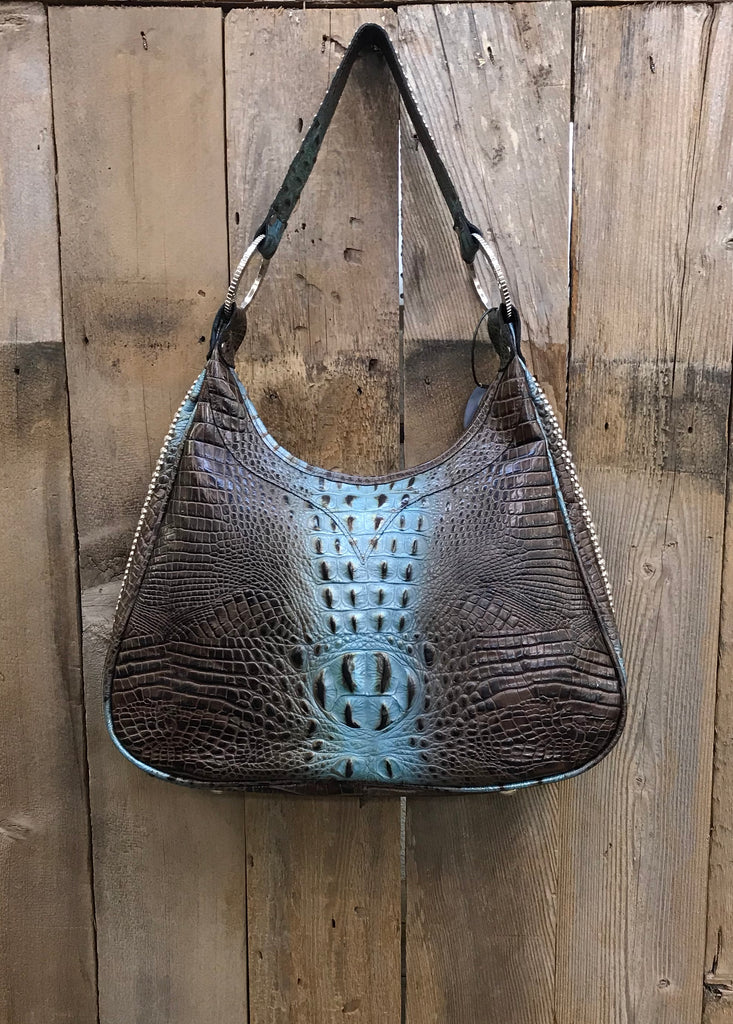 Brown And Turquoise Croc With Swarovski Crystal Rings On Handbag