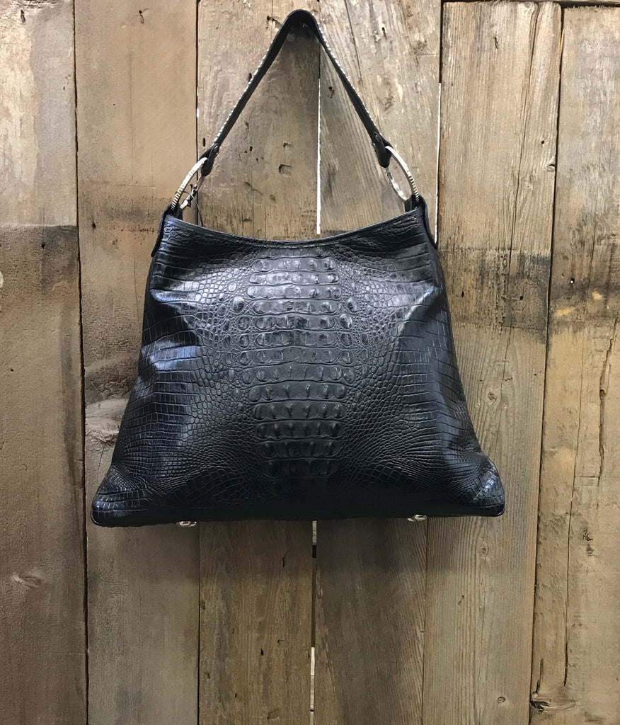 Black Leather With Swarovski Crystal Fleur de Lis Handbag