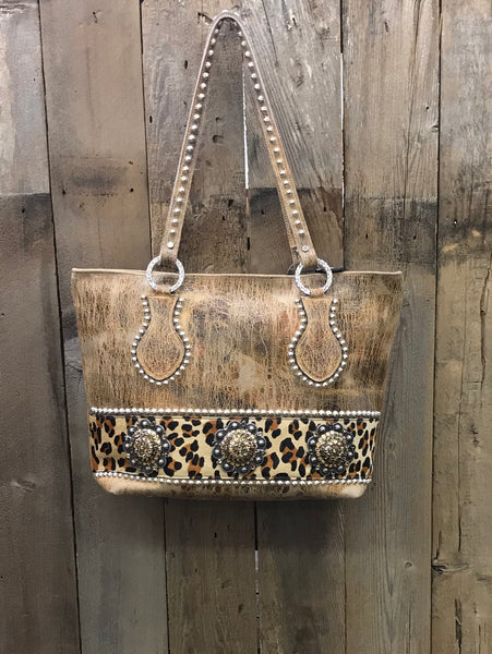 Brown Leather With Leopard Hair And Conchos Handbag