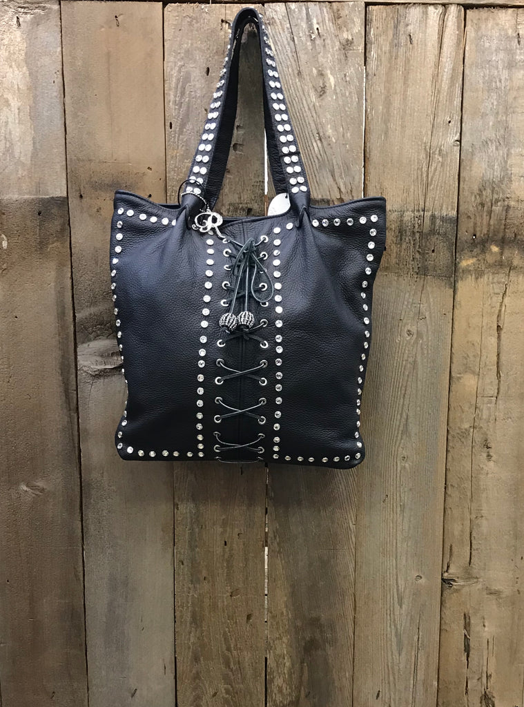 Black Leather Lace Up With Swarovski Crystals Handbag
