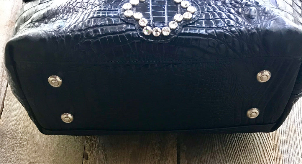 Black Leather With Swarovksi Crystal Cross Handbag