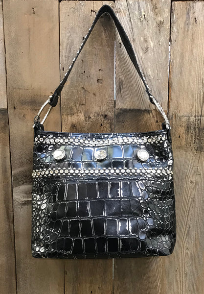 Black And Silver Croc With Swarovski Crystals Handbag