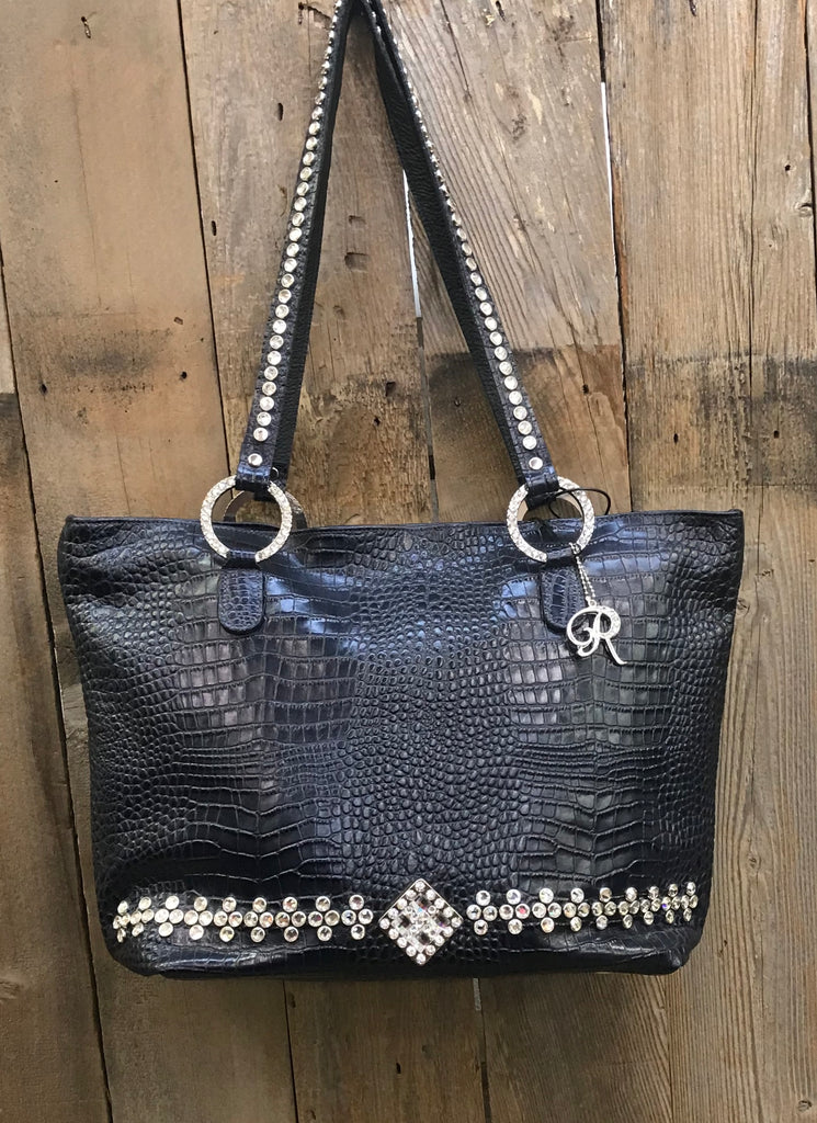 Navy Croc With Swarovski Crystals Handbag