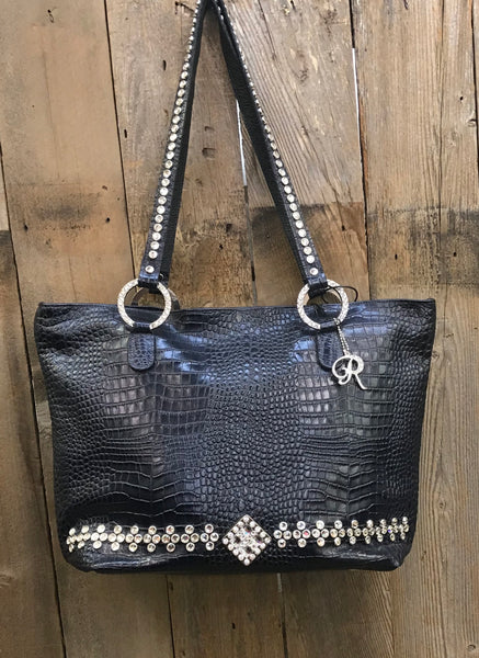 Navy Croc With Swarovski Crystals Handbag
