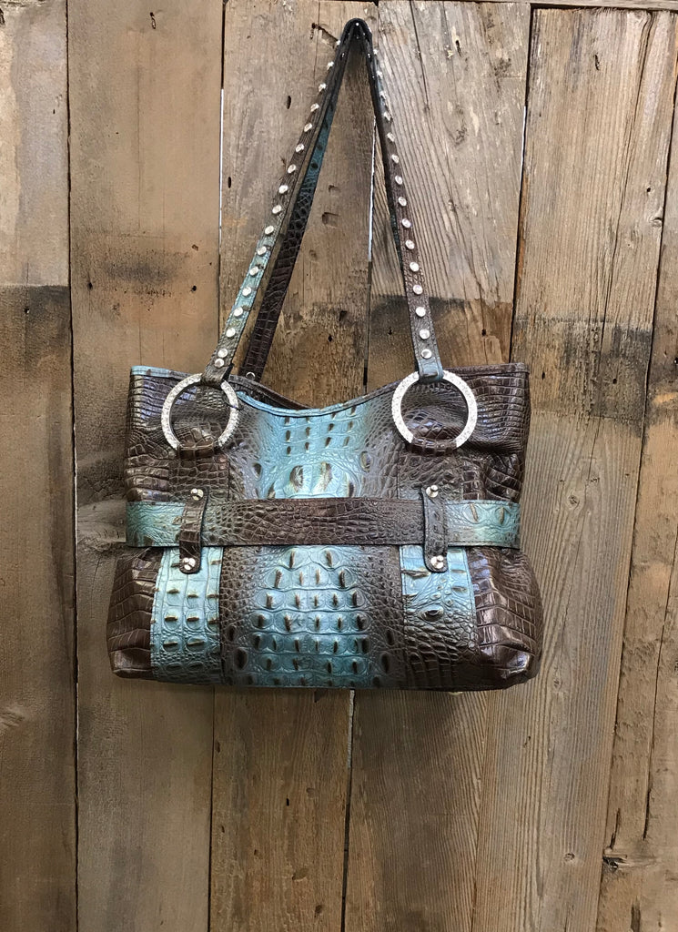 Brown And Turquoise Croc With Western Buckle Handbag