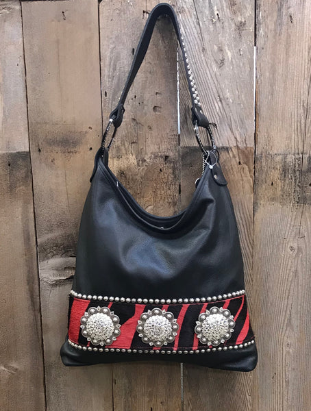 Black Leather With Red And Black Zebra Hair Handbag