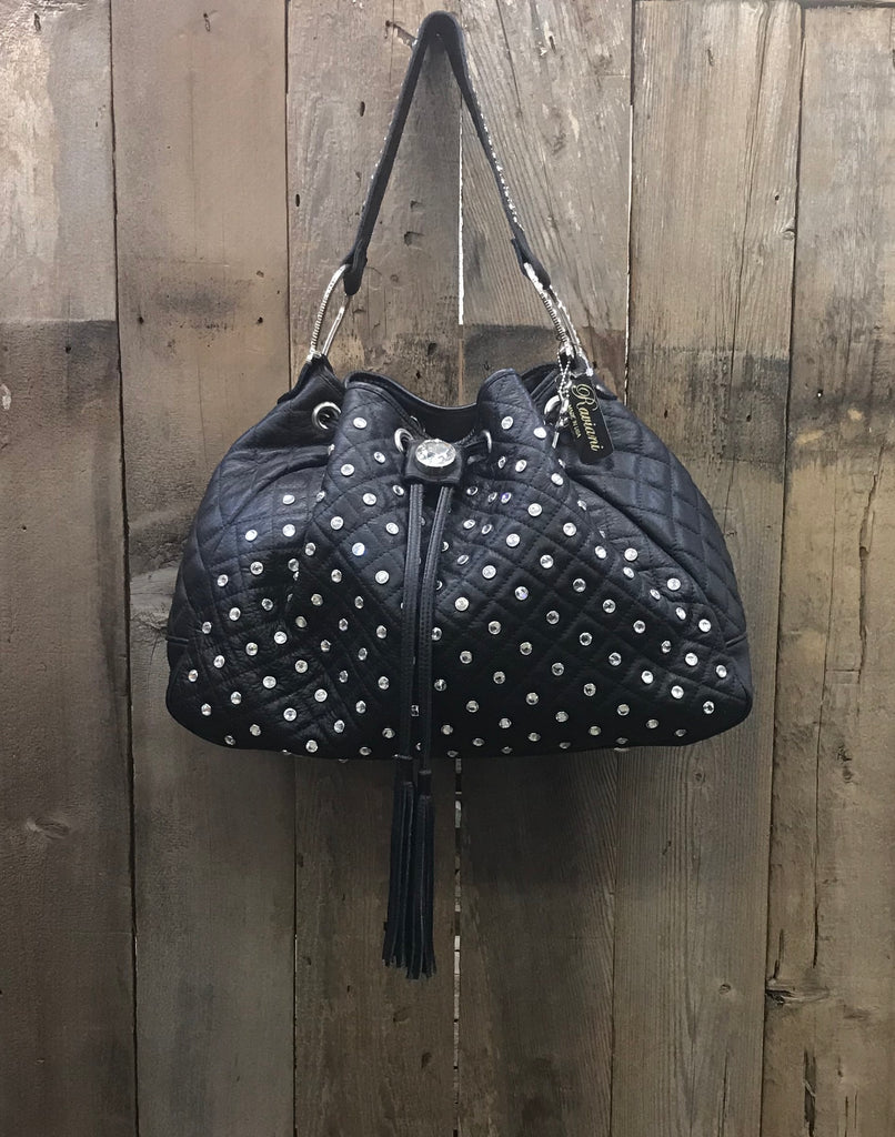 Black Quilted Leather Drawstring With Swarovski Crystals Handbag