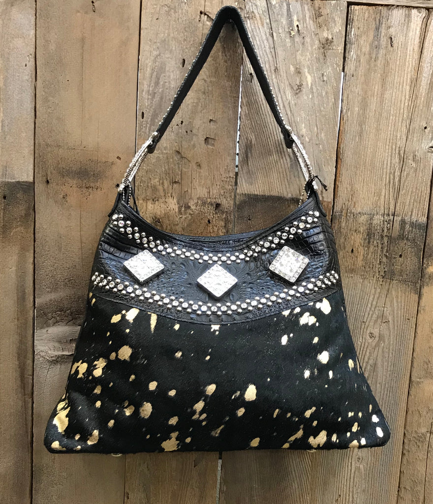 Black and Gold Acid Wash With Swarovski Crystals Handbag