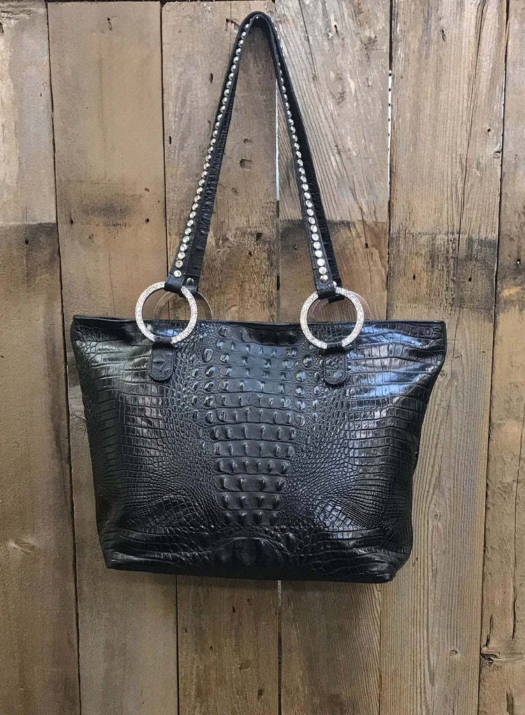 Black Leather With Swarovksi Crystal Cross Handbag