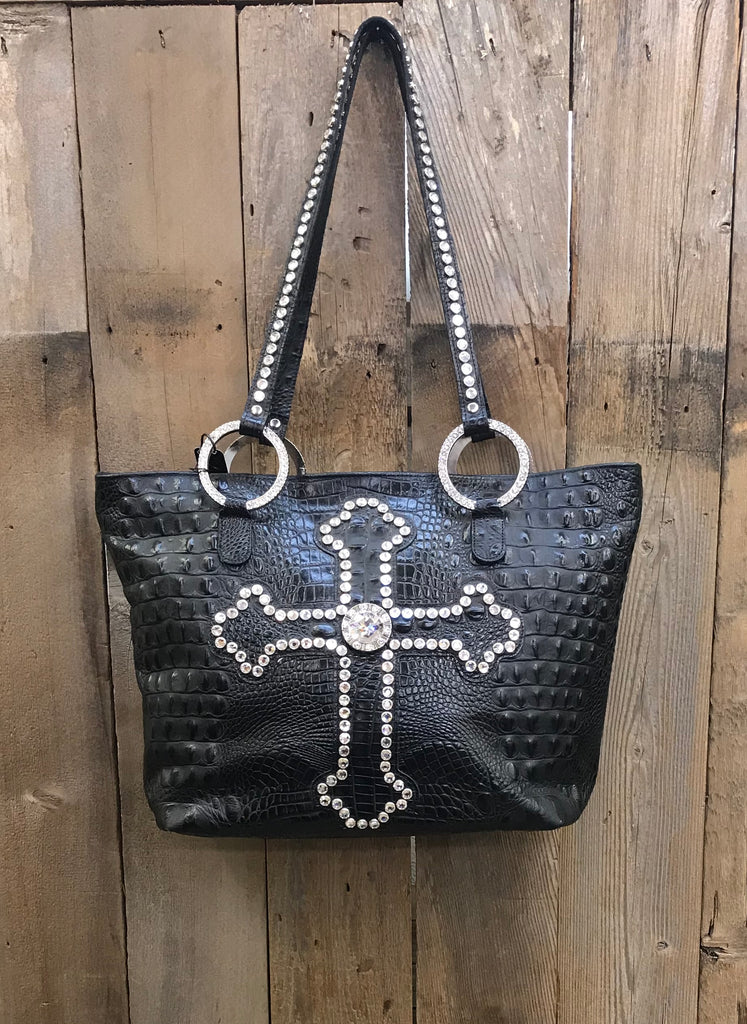 Black Leather With Swarovksi Crystal Cross Handbag