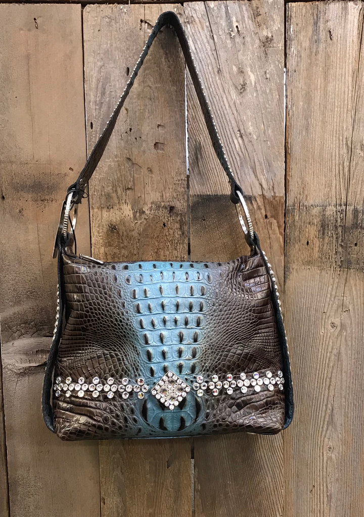 Brown And Turquoise Croc With Swarovski Crystals Handbag