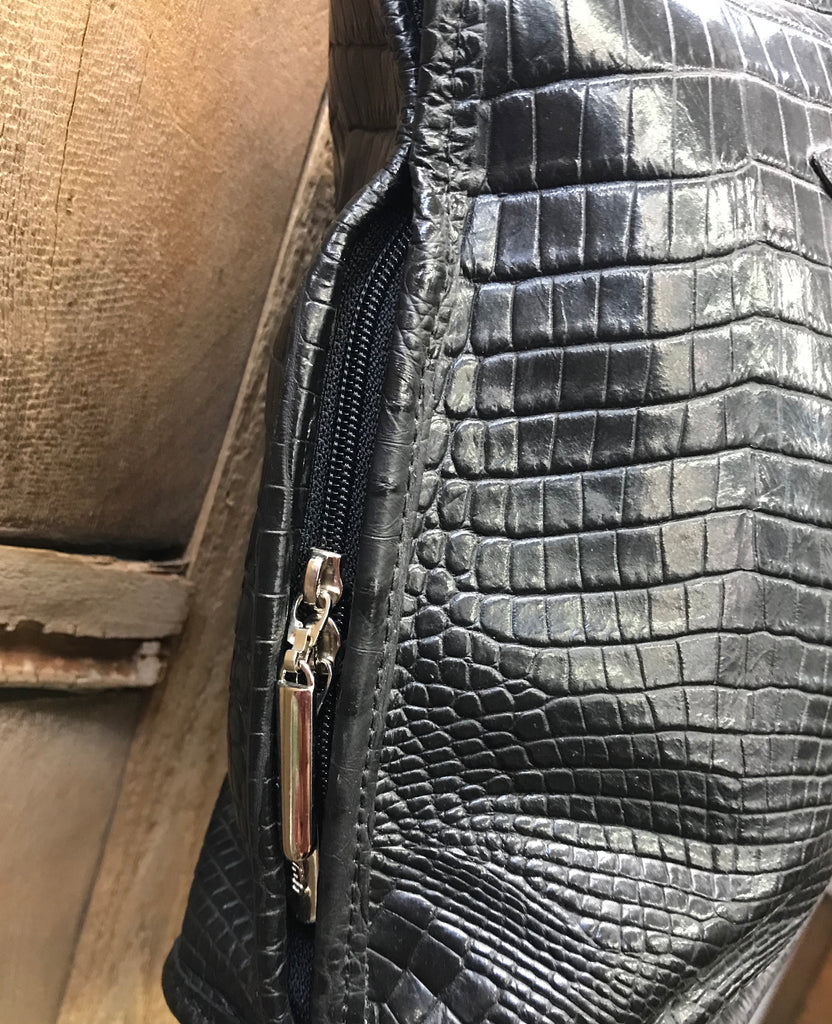 Black Leather Croc With Swarovski Crystal Dotted Cross Handbag