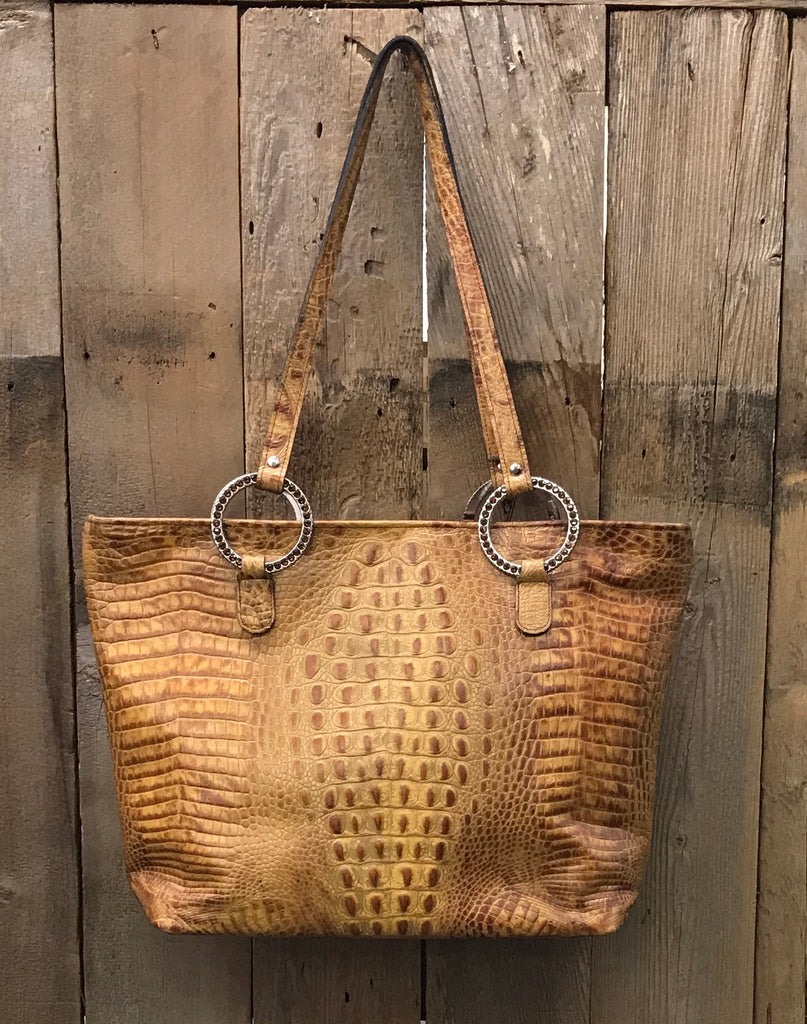 Caramel Croc Leather With Swarovski Crystal Border Handbag