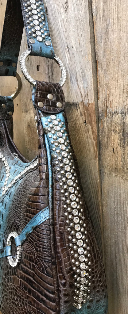 Brown And Turquoise Croc With Swarovski Crystal Rings On Handbag