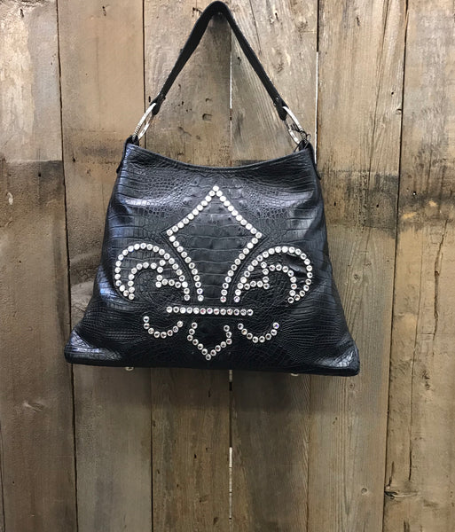 Black Leather With Swarovski Crystal Fleur de Lis Handbag