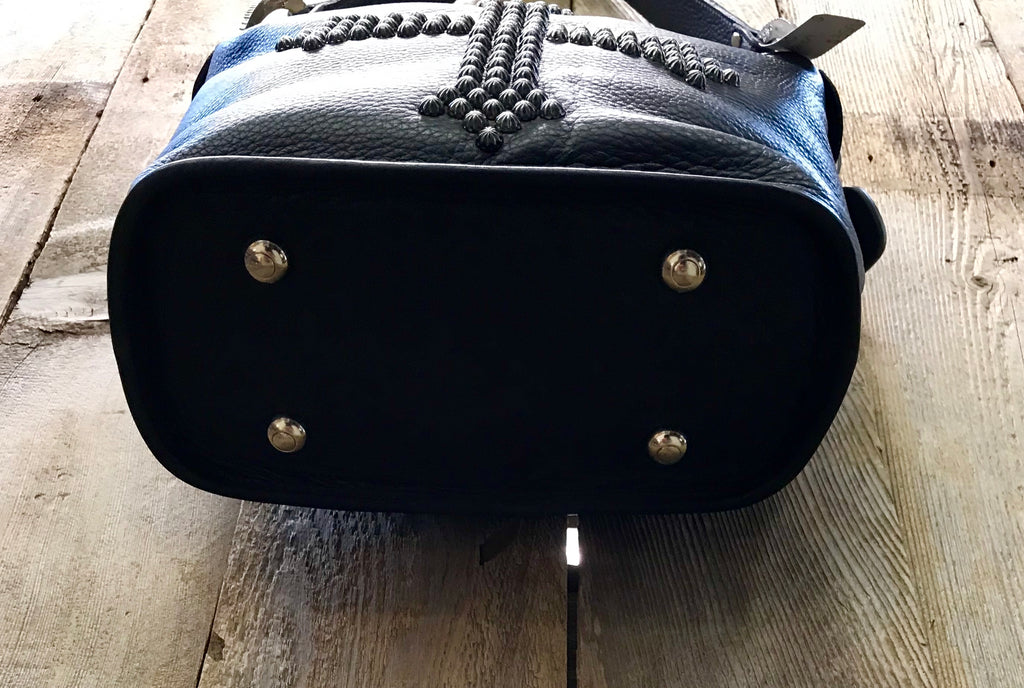 Black Leather With Rivet Cross Handbag