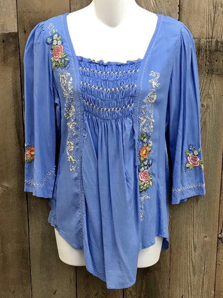 Lt. Blue Smock Top w/Embroidered Flowers
