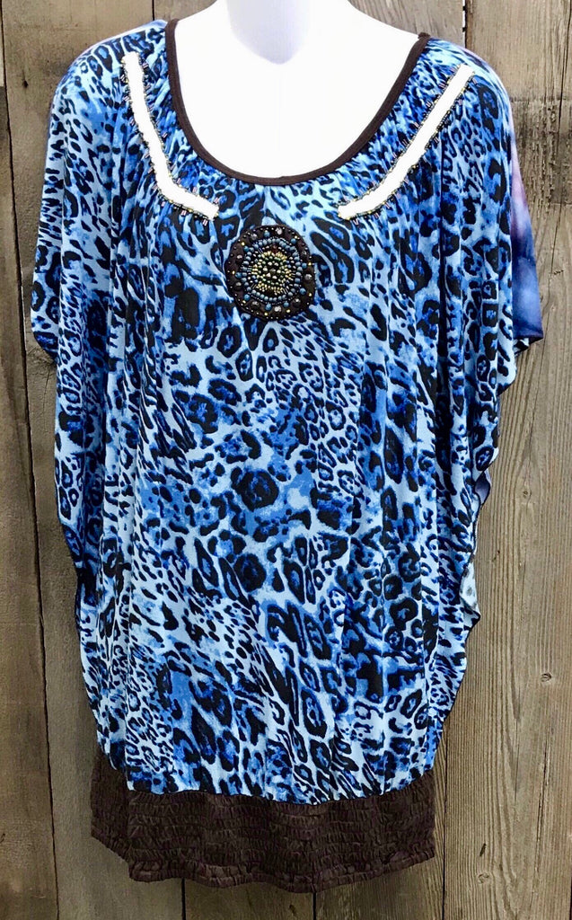 Blue Leopard/Brown Trim Top