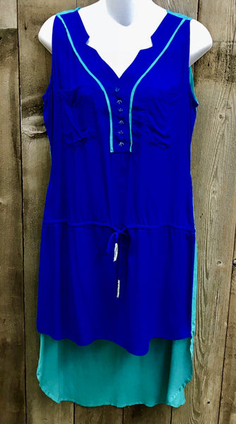 Blue & Turquoise Top V-Neck Drawstring