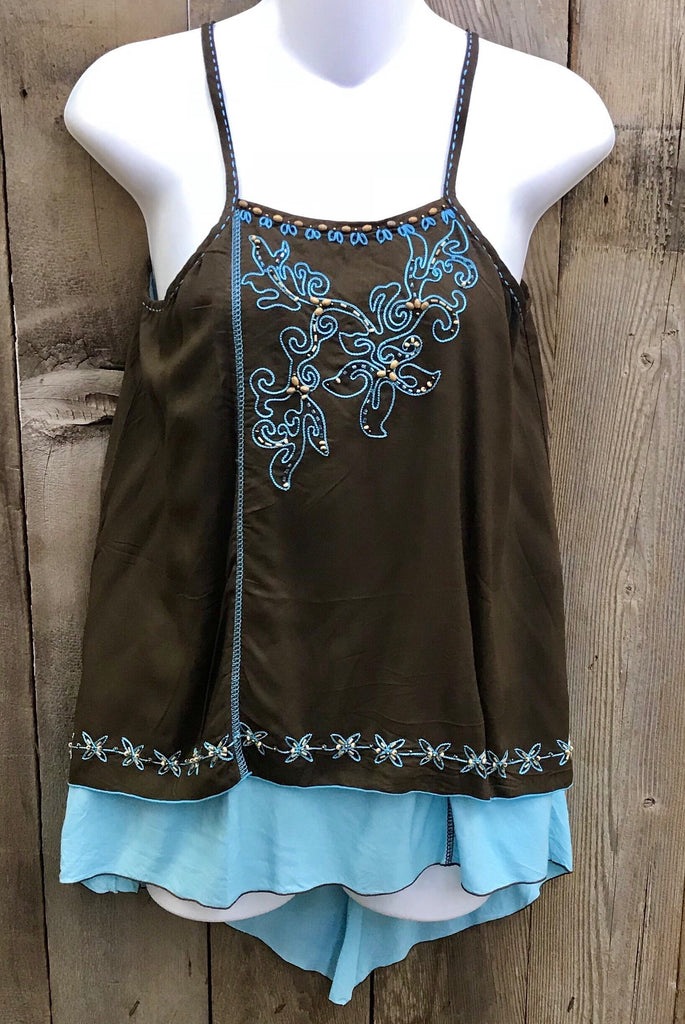 Brown & Turquoise Spaghetti Top